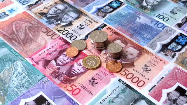 Jamaica, Jamaican paper money, dollar banknotes and cent coins for exchange. Jamaica money