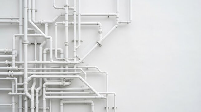 A complex system of white pipes and connections mounted on a bright white wall symbolizes modern building infrastructure