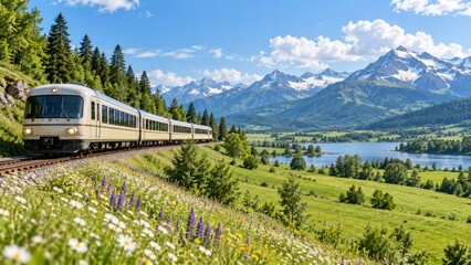 Naklejka premium Cream Passenger Train Crossing an Alpine Meadow Above a Blue Lake