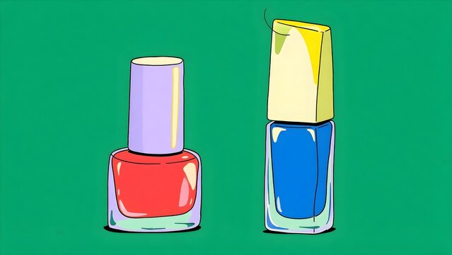 Two colorful nail polish bottles with exaggerated graphic shapes, ideal for beauty advertising, nail salon campaigns, cosmetics branding and contemporary editorial design.
