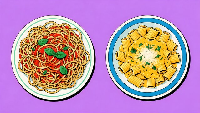 Two colorful plates of spaghetti and rigatoni in a bold cartoon style, ideal for restaurant advertising, Italian food campaigns, menu design and playful food editorials.