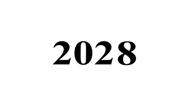2028 new year countdown animation, minimalist black text on white background, for holiday celebration, and event planning