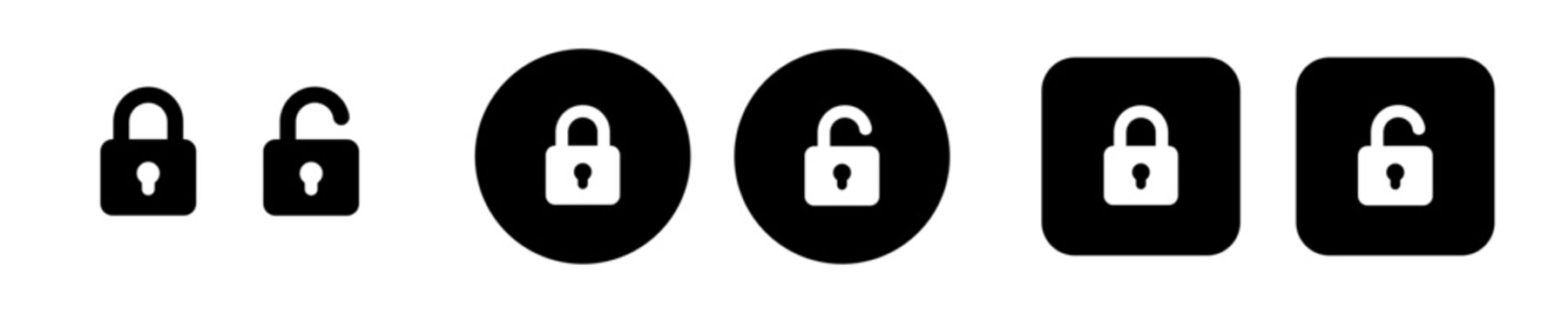 Lock and unlock icon set with secure access symbols. Password and privacy icons for authorization, account security and digital data protection