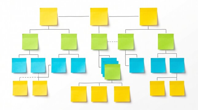 Organization chart made with colorful adhesive sticky notes on white background