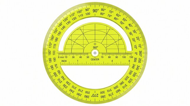 Yellow plastic circular protractor with degree measurements and ruler scale isolated on white background