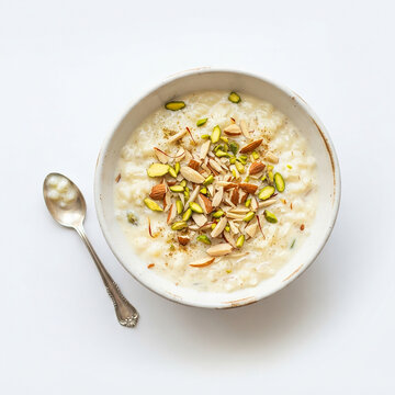 Traditional rice kheer dessert garnished with almonds and pistachios