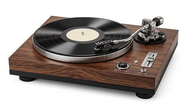Retro wooden vinyl turntable record player with metallic arm and controls on white background