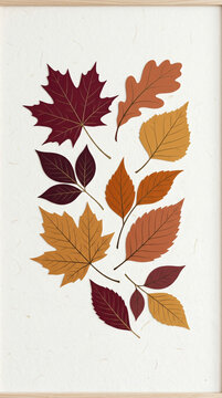 A collection of colorful autumn leaves arranged in a minimalist artistic style on a textured paper background.