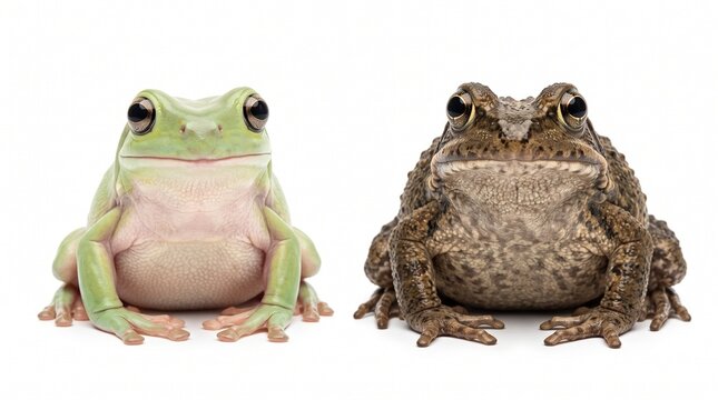 Two cute different frogs sitting together facing forward on white background