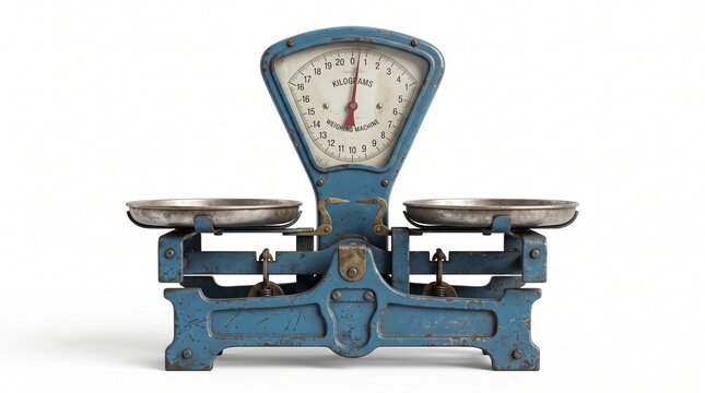 Vintage blue mechanical weighing scale with dual metal pans standing on white background