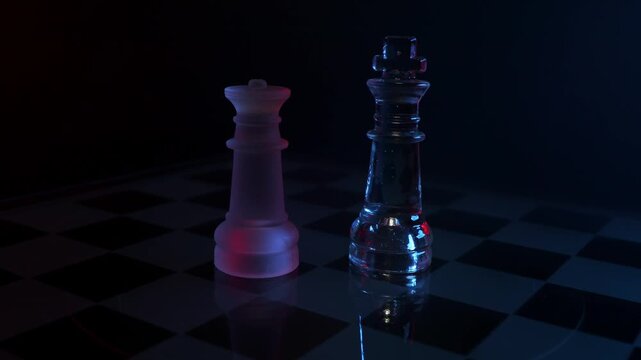 Cinematic 360 rotation around a glass king and queen chess piece, showcasing leadership, power, and strategy concepts.