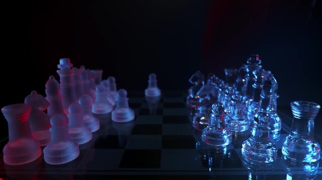 Hyperlapse of a strategic game unfolding quickly on a glass board with red and blue backlights.