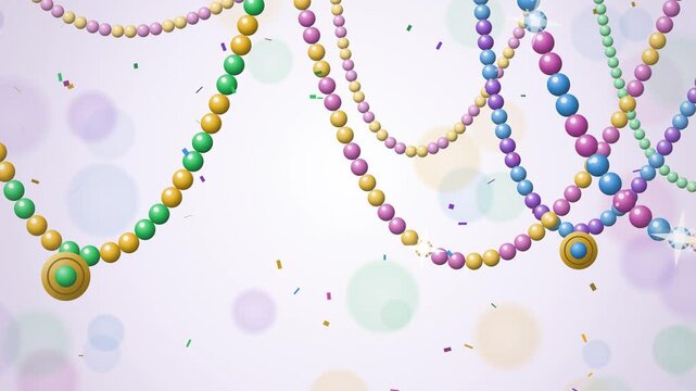 Colorful bead strands with gold medallions and confetti on white