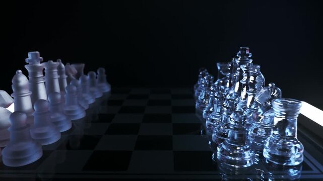 Cinematic side-to-side slider movement revealing frosted and clear glass chess pieces on a dark background.