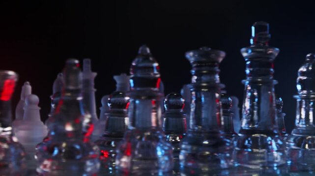 Orbital shot around a glass chessboard with dramatic neon lighting, Low-angle close-up 