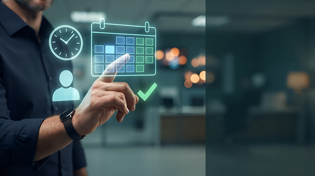 Professional business executive interacting with floating digital calendar and time management holographic icons
