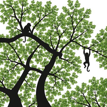 Two black monkey silhouettes sitting and hanging from tree branches surrounded by green leaves, flat vector illustration on a white background.