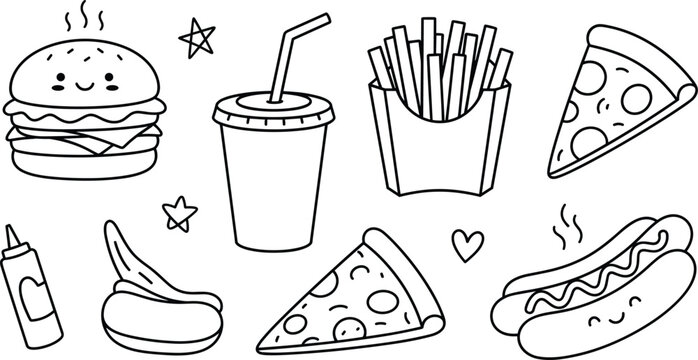 Cute fast food characters doodle and junk food line vector icon set