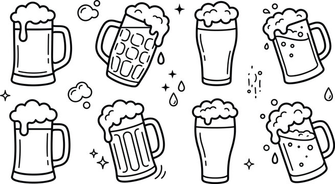 Beer mugs and pint glasses line art vector set