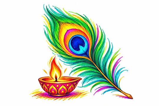 Minimal scribble style Diwali illustration of one colorful peacock feather placed beside a tiny traditional diya in bright turquoise blue green golden yellow orange and pink