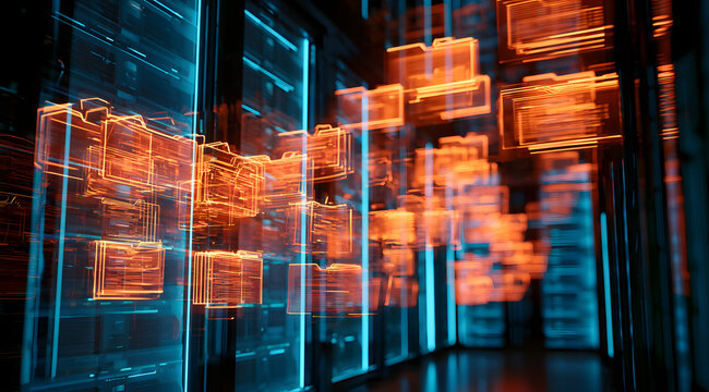 Glimmers of digital files and folders streaming through a cutting-edge server room, representing secure data handling and cloud storage options.