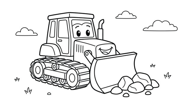 Cute cartoon bulldozer pushing rocks coloring page, smiling kawaii crawler tractor character on construction site with clouds doodle, heavy machinery line art for kids coloring book