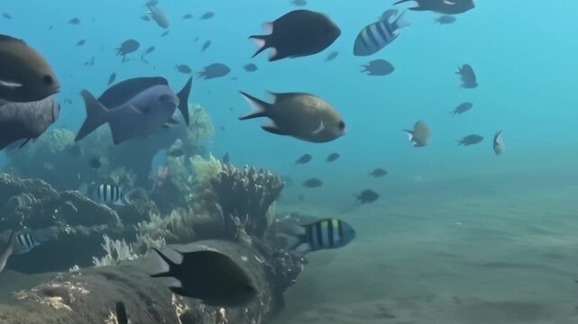 Schooling Reef Fish Swim over the Reef Seabed in Blue Water. A well-lit underwater view with cool blue tones shows fish moving with visible reef structure, documenting marine habitat and biodiversity.