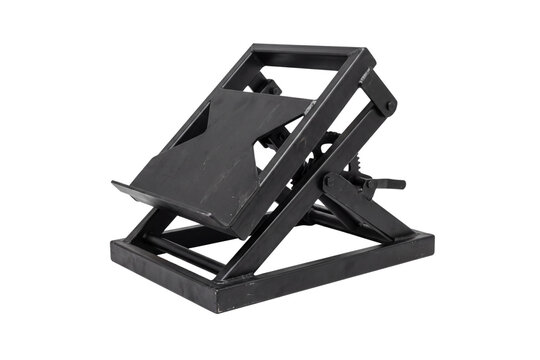 Heavy duty black metal wheel chock stand, adjustable steel motorcycle tire chock bracket, industrial garage equipment for vehicle security
