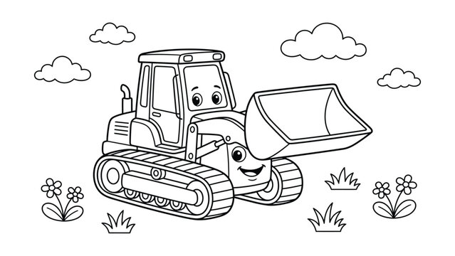 Cute cartoon crawler loader tracked tractor coloring page, smiling kawaii excavator front shovel character in meadow with flowers and clouds doodle, heavy building machinery line art for kids 