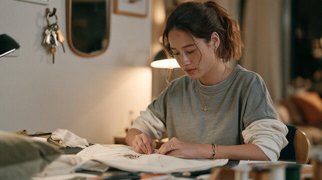 A milliner in a modest home workshop speeding through the repetitive task of stitching hat brims, a set of house keys hanging from a nail beside a wall mirror, her focused