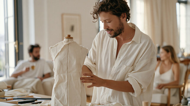 A craftsperson running bare fingertips across the rough textile surface of a half finished puppet in a luxury sitting room, a partner watching from a nearby armchair with a cup of