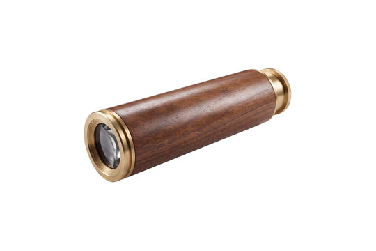 Vintage brass spyglass telescope with wooden handle, antique nautical brass monocular scope isolated on white background