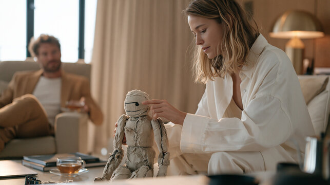 A craftsperson running bare fingertips across the rough textile surface of a half finished puppet in a luxury sitting room, a partner watching from a nearby armchair with a cup of