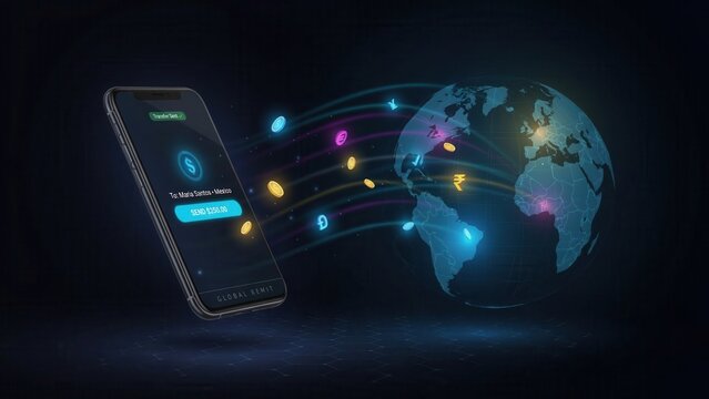 Digital currency flows from a smartphone app to a glowing world map, symbolizing global money transfers. Ideal for international finance and online banking concepts.