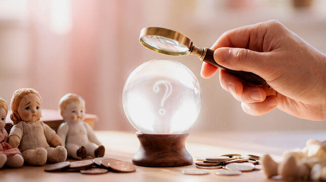 Crystal ball with a question mark being inspected by a magnifying glass held by a hand