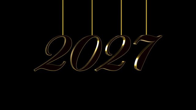 Golden metallic year 2027 numbers dangling and swaying on strings over a black background
