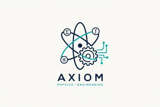 A modern logo of an atom, math symbols, gear, and circuit lines with "AXIOM PHYSICS ENGINEERING" text, isolated on white background. Represents STEM branding and technological.