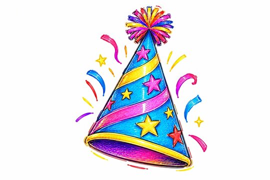 Minimal scribble-style New Year illustration of one festive cone-shaped party hat decorated with simple stars and stripes, topped with a tiny pom-pom, using bright colors.