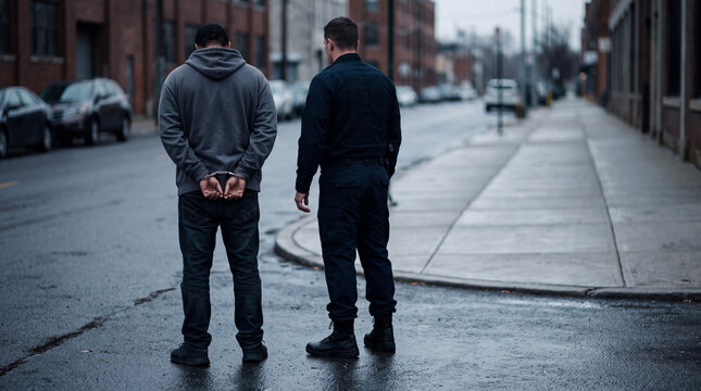 Handcuffed person from behind standing beside police officer