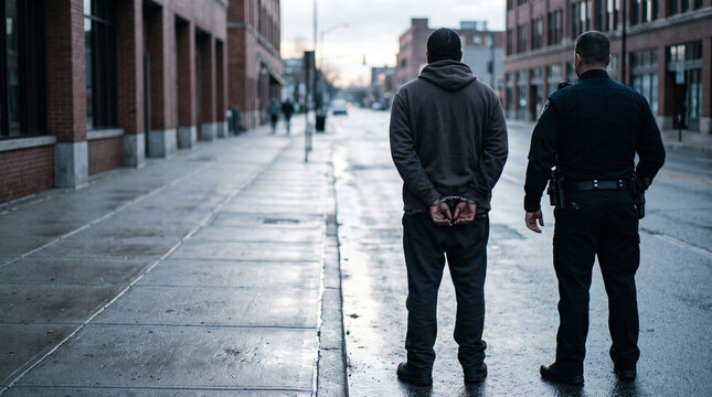 Handcuffed person from behind standing beside police officer