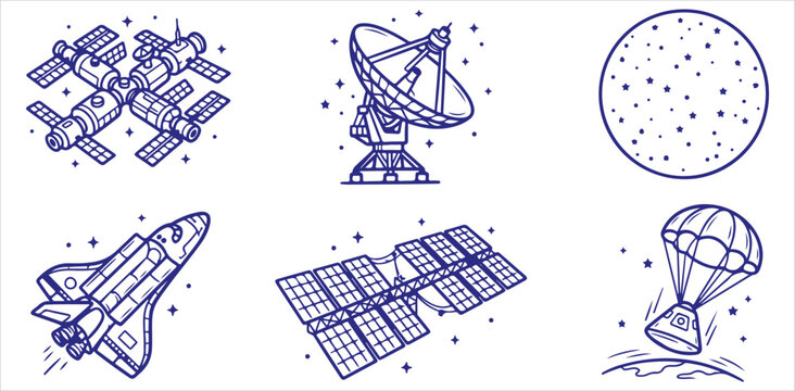 Space technology doodle set featuring satellites dish planet shuttle solar panel and capsule vector illustration collection for science concept design elements graphic art works layout t
