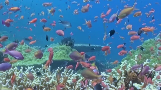 Small Schooling Reef Fish Swim around a Coral Garden. A well-lit underwater view with mixed reef colors shows fish moving with visible reef structure, documenting marine habitat and biodiversity.