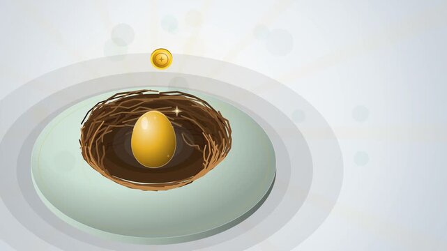 Isometric golden nest egg with coin growing on white platform