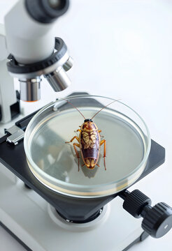 Entomology research and pest control analysis, cockroach specimen in a petri dish under a laboratory microscope for scientific study and health safety