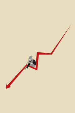 Business woman sitting on a red declining arrow graph, contemplating financial market failure, economic recession, and heavy corporate loss