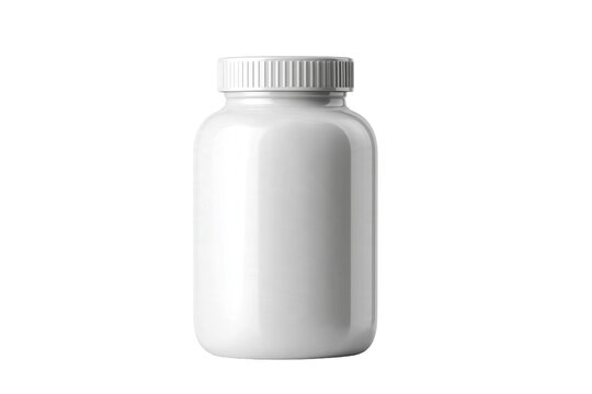 Empty white plastic supplement bottle with screw cap medicine bottle vitamin container pill jar blank packaging white background health care