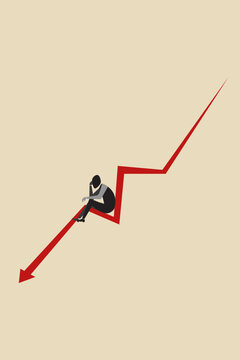 Businessman sitting on a red declining arrow graph, contemplating financial market failure, economic recession, and heavy corporate loss