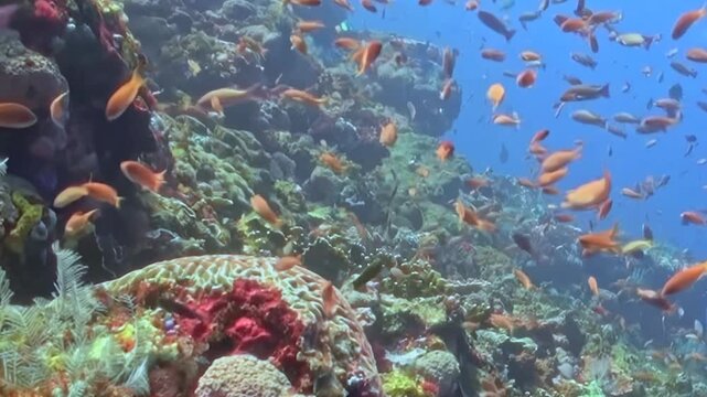 Small Orange Reef Fish Swim over a Coral Garden. A well-lit underwater view with warm coral tones shows fish moving with visible reef structure, documenting marine habitat and biodiversity.
