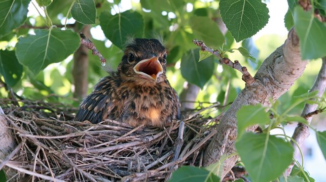 Hungry Baby Bird Chirping in a Natural Nest Under Green Leaves