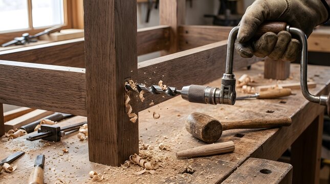 Gloved hand using a manual brace drill on a wooden furniture frame in a sunlit carpentry workshop with shaving
